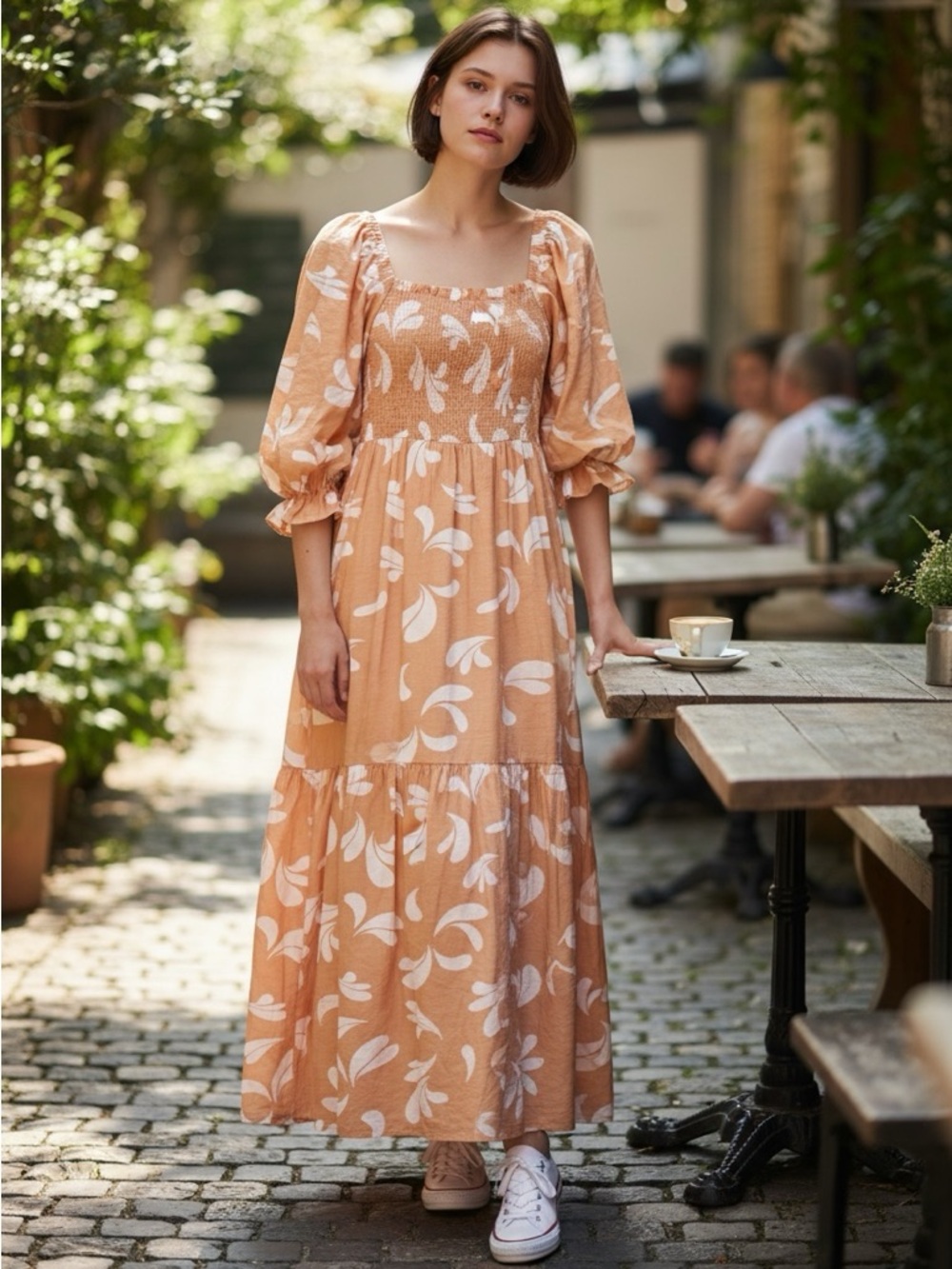 Pink Lily Tan and White Smocked Off-the-Shoulder Maxi Dress, XL